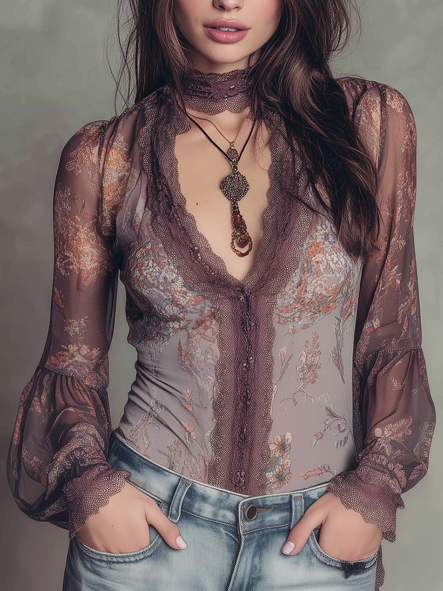 Bohemian Retro Lace Neck sheer Shirt