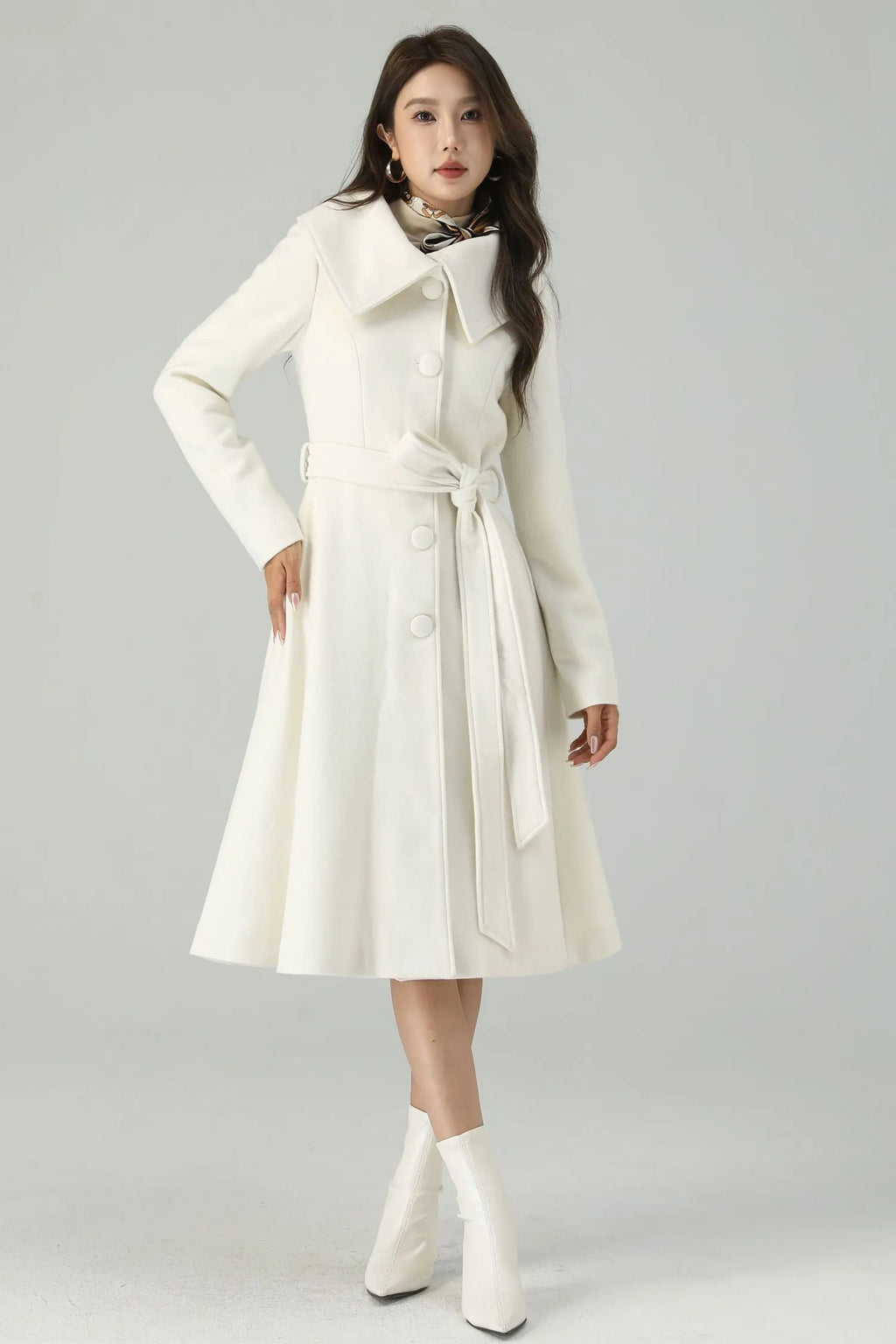 White Wool Blend Knee-Length Coat - Princess Silhouette with Belt 4520