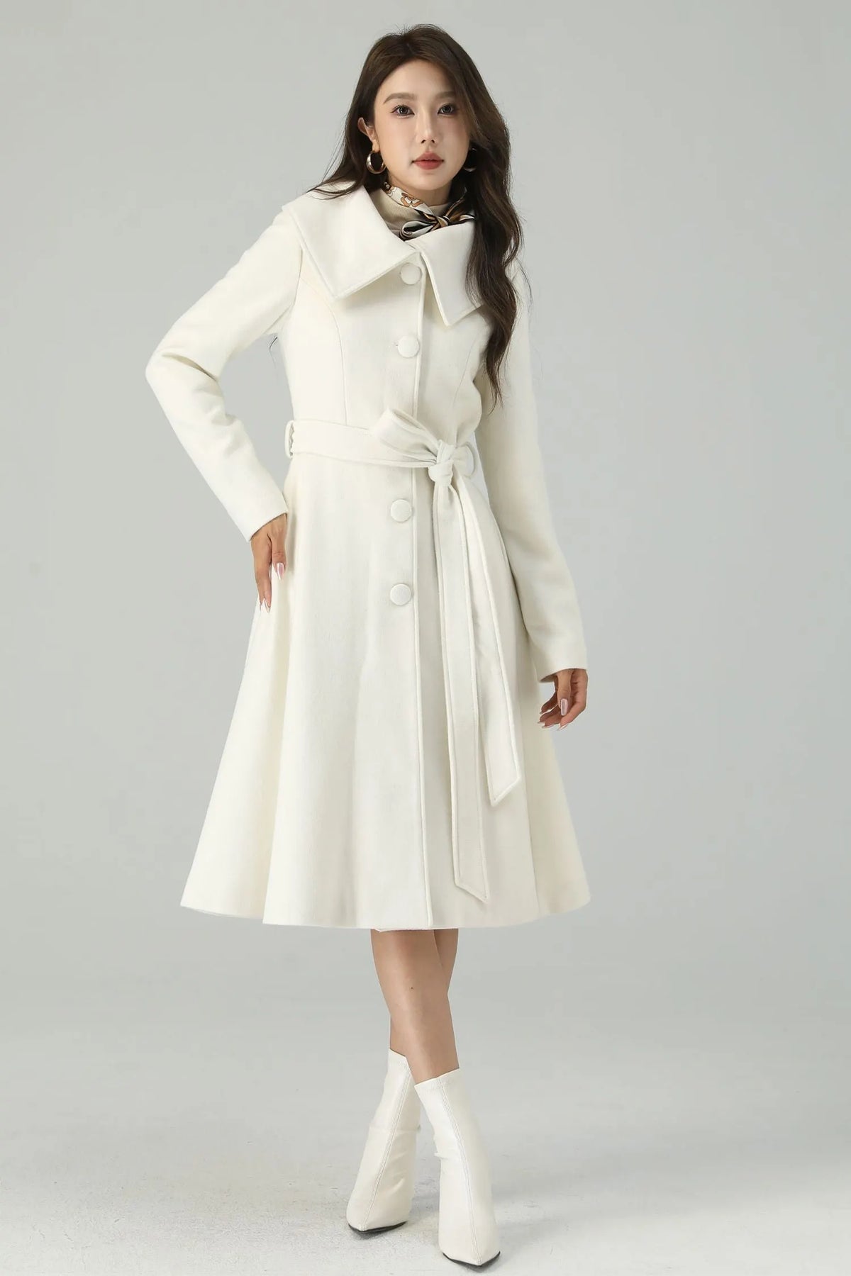 White Wool Blend Knee-Length Coat - Princess Silhouette with Belt 4520