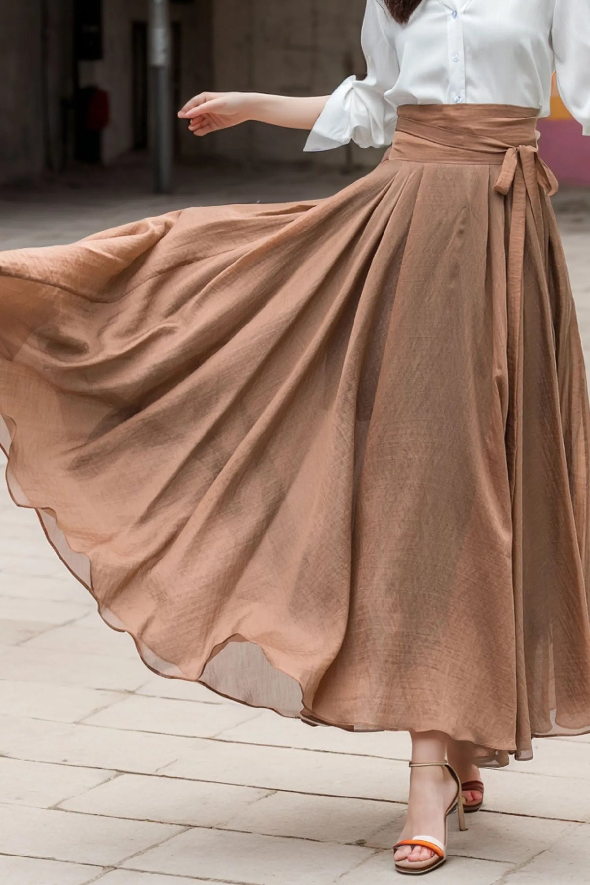 Brown Chiffon Circle Maxi Skirt - High Waist Self-Tie Belt 