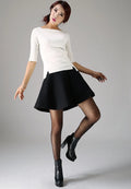 Black Wool Blend Mini Skirt - High Waisted A-Line Pleated 1101