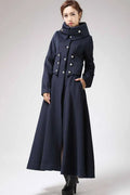 Navy Blue Wool Military Coat – Vintage Long Winter Overcoat with Silver Buttons 0701