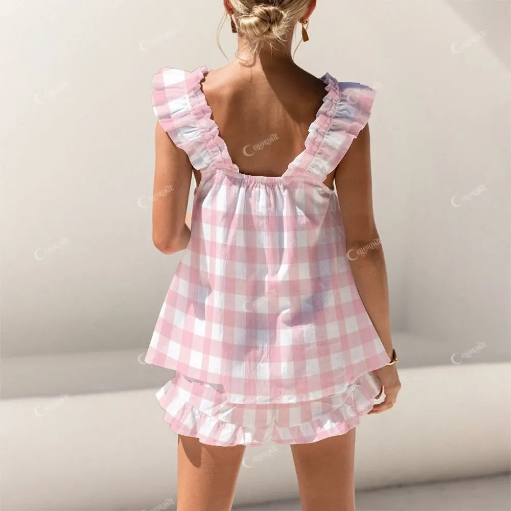 Short Lazy Pink Plaid Tank Top Shorts Pajama Set