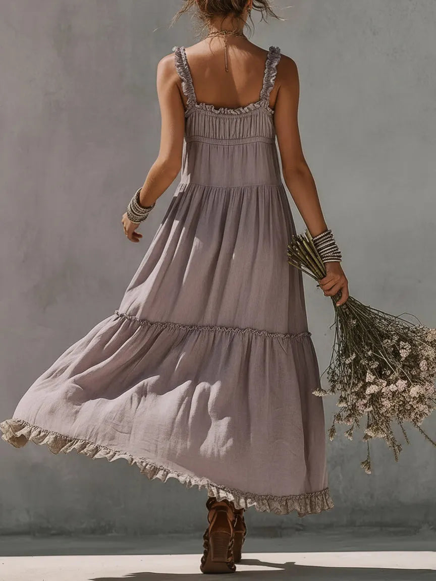 Purple lace-trimmed slit camisole maxi dress