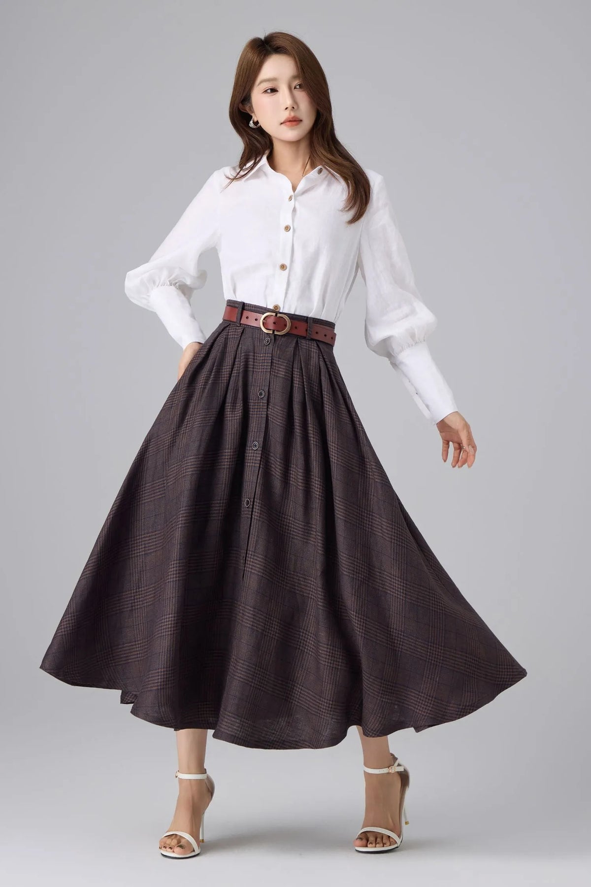 Brown Linen Cotton Skirt - Plaid High Waist 