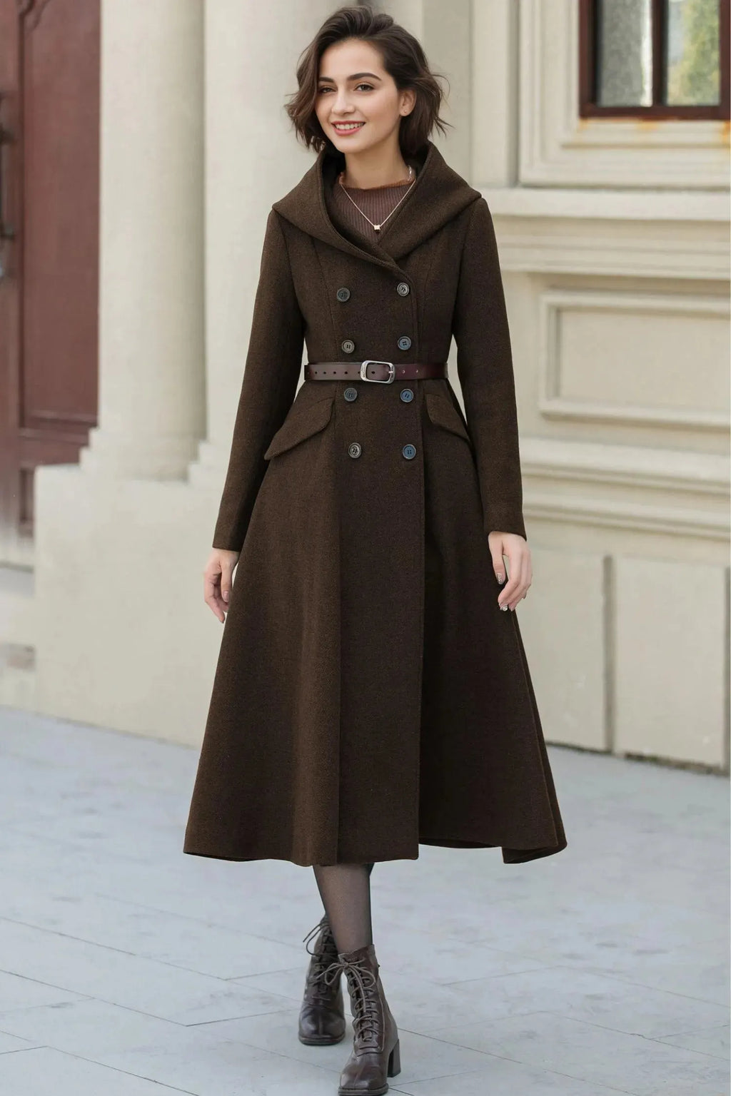 Army Green Wool A-Line Maxi Coat with Hood - Vintage Inspired Swing Fit 6385