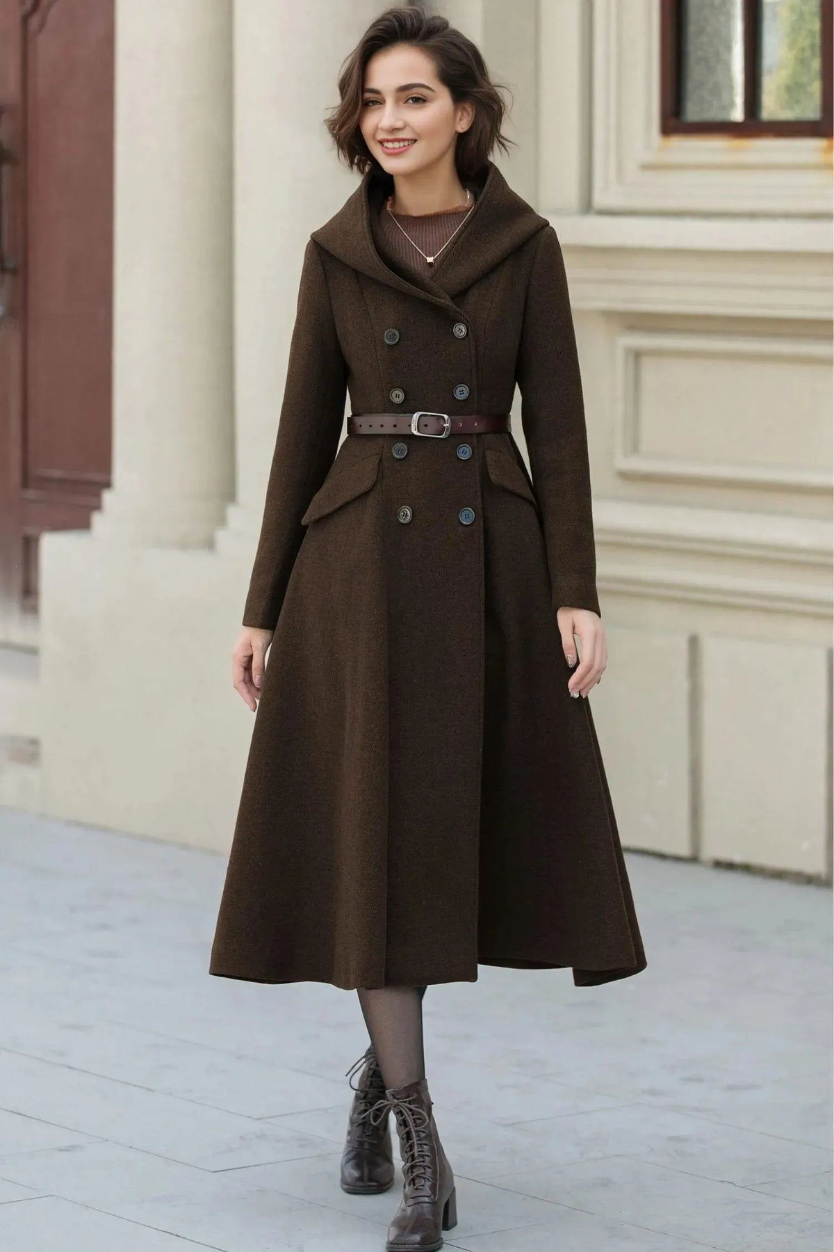 Army Green Wool A-Line Maxi Coat with Hood - Vintage Inspired Swing Fit 6385