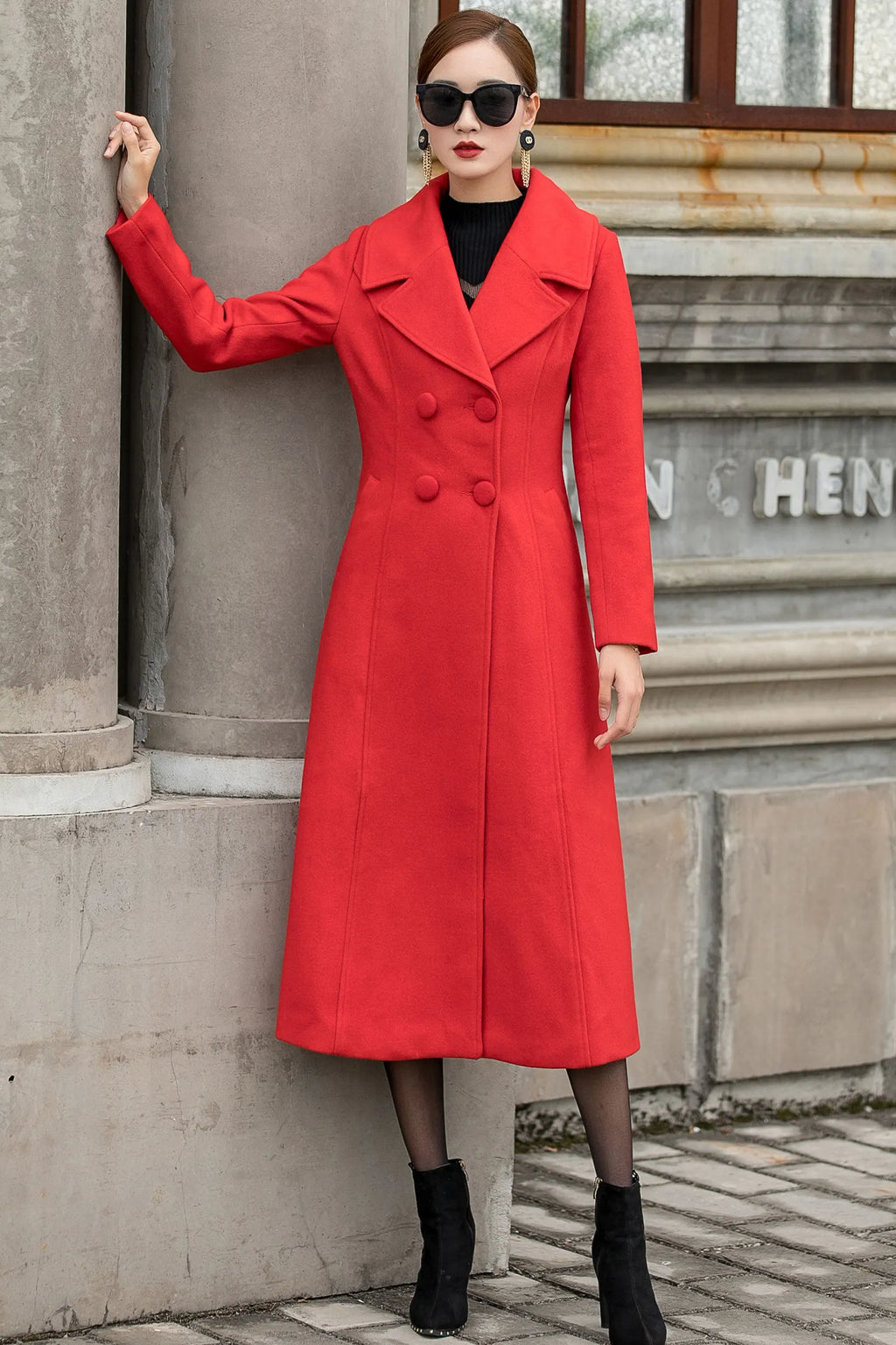 Handmade Red Wool Coat – Vintage Double Breasted Long Winter Overcoat 