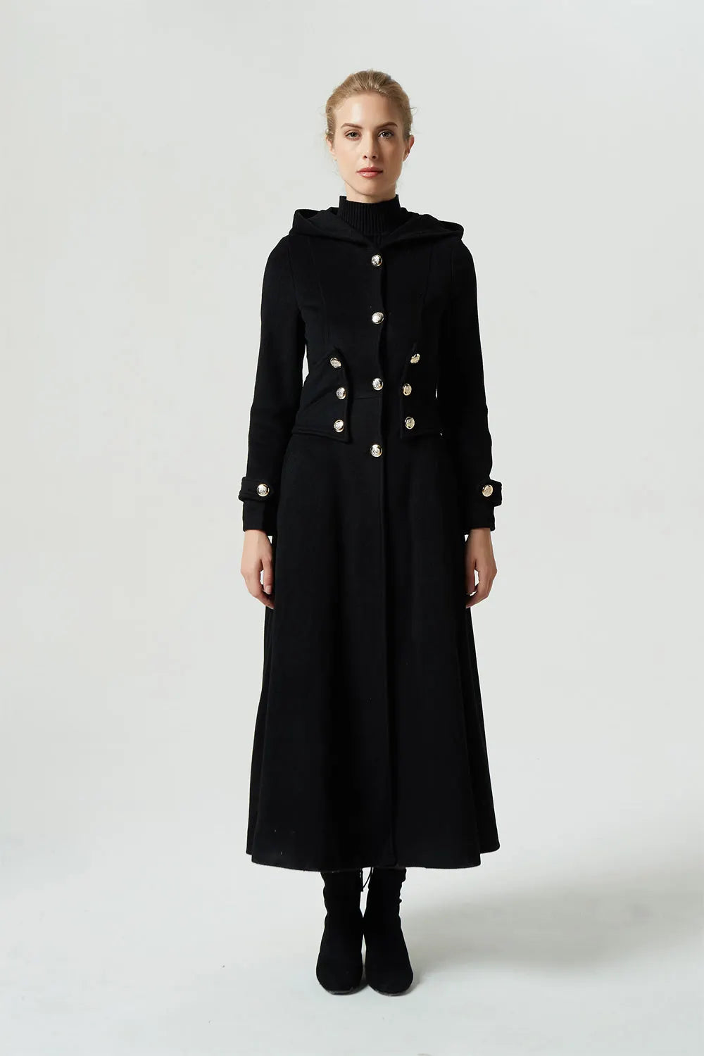 Black Wool Blend Hooded Maxi Coat - Military Style with Wide Waistband 1953