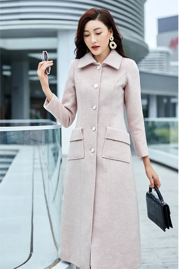Light Pink Wool Coat – Handmade Long Slim Fit Winter Overcoat for Women 3977