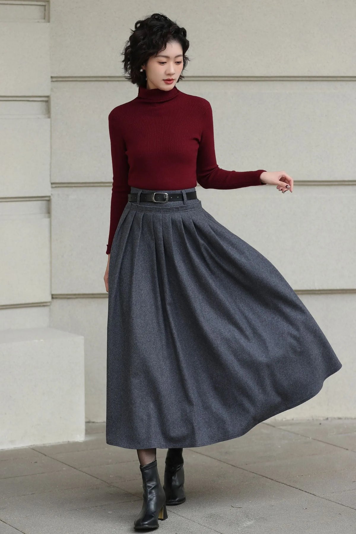 Handmade Vintage Wool Skirt – Gray Pleated A-Line Midi Skirt for Winter 6613