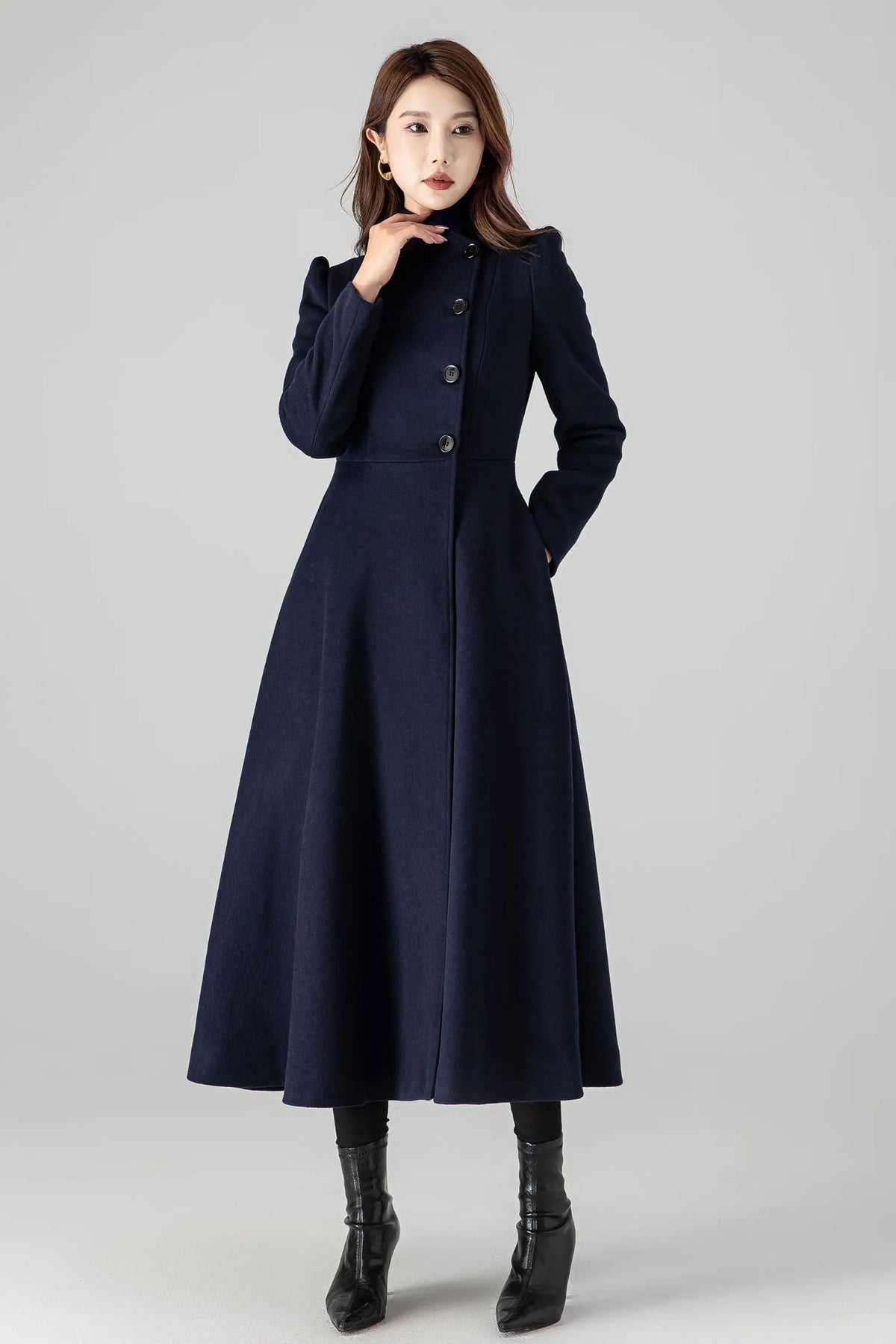 Dark Blue Wool Blend A-Line Coat - Long Silhouette with Pockets 4506