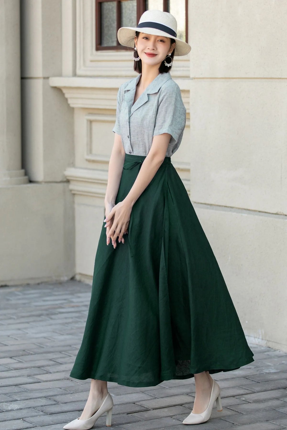 Green Linen Wrap Maxi Skirt - A-Line Flowy Silhouette 5748
