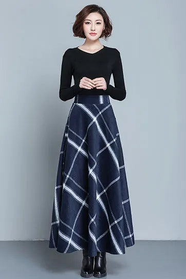 Navy Wool Plaid Maxi Skirt - Full Flowy Silhouette 3915