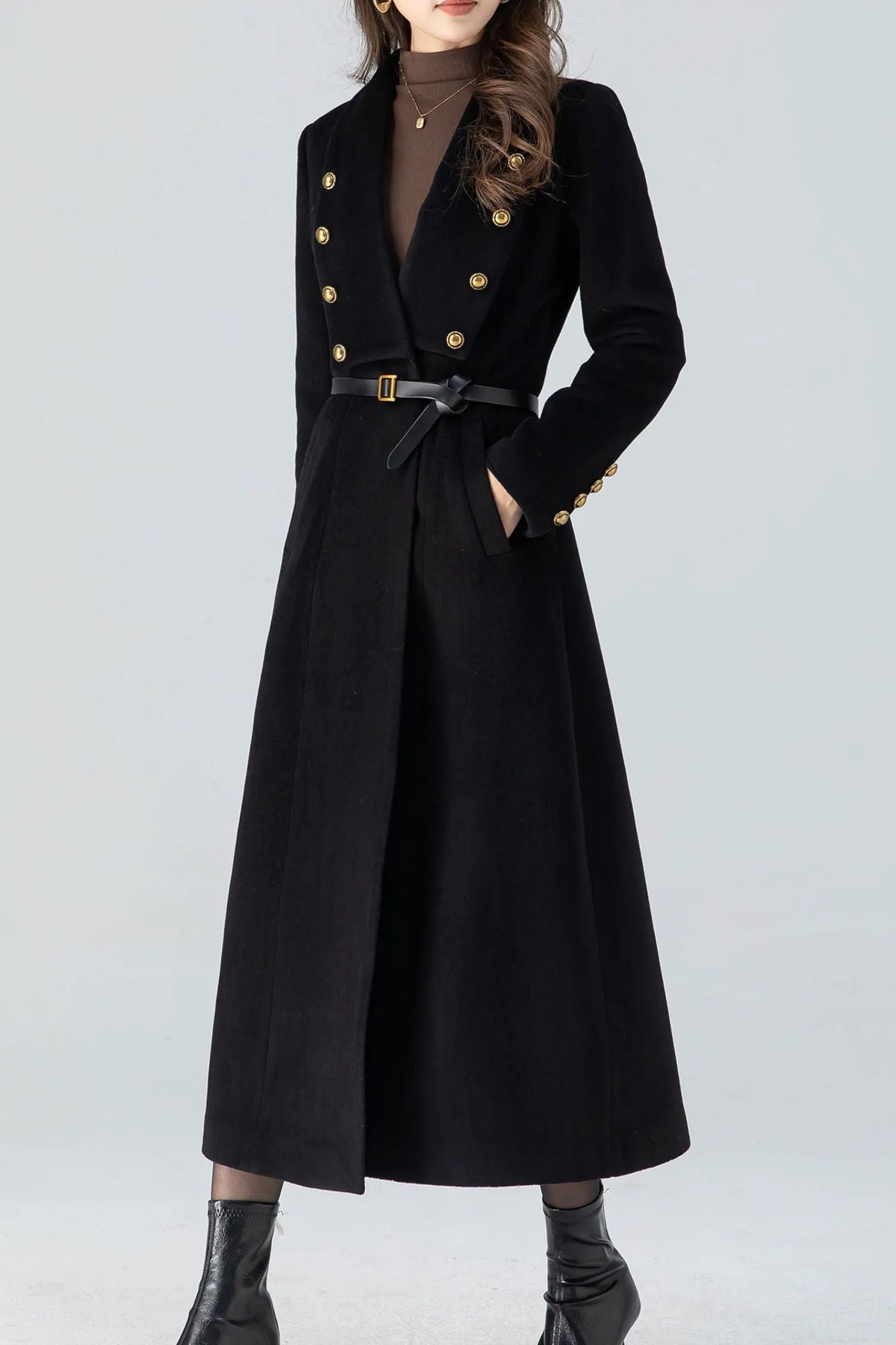 Black Wool Midi Coat - A-Line Swing Fit with Gold Button Detail 4783