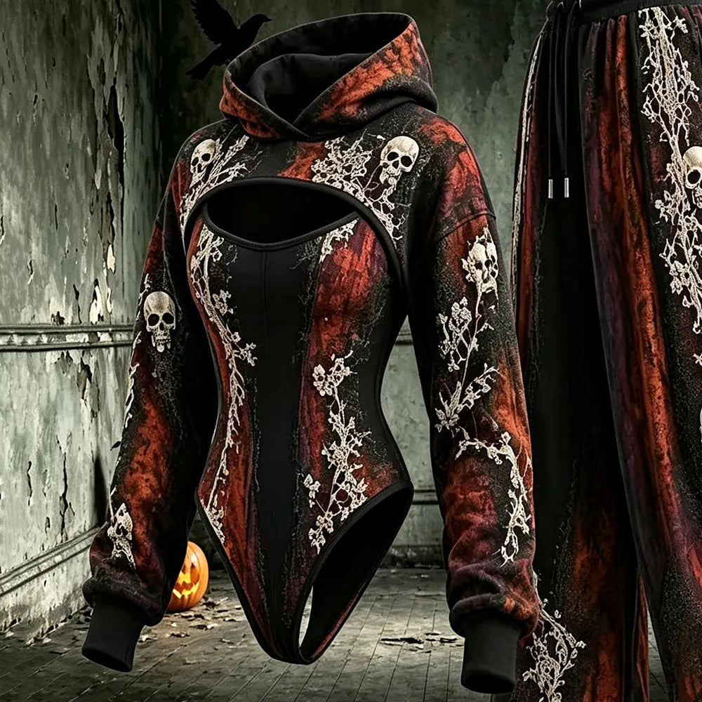 Women's Halloween Color-blocked Tie-dye Skull Print Hooded Three-piece Set