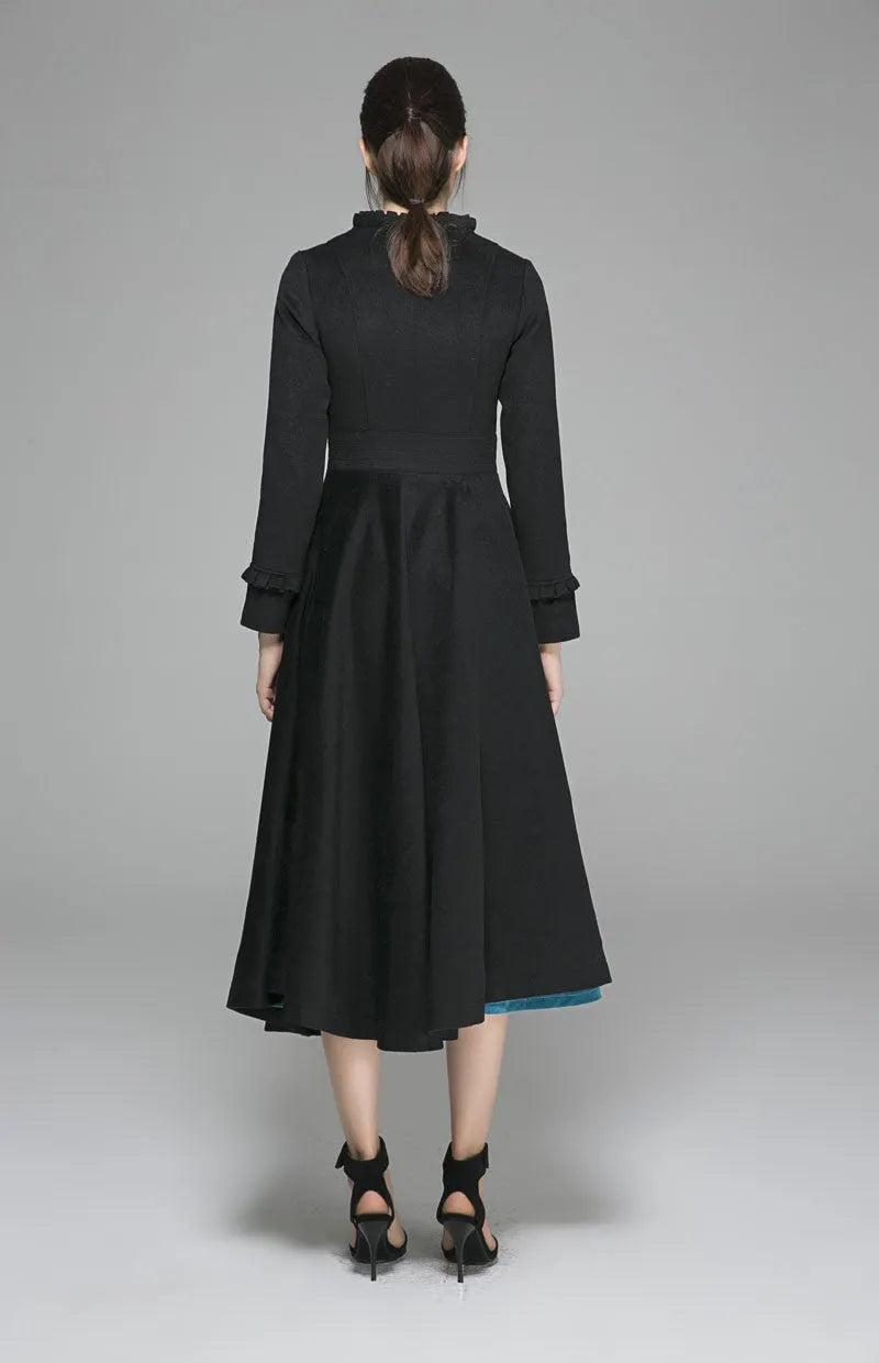 Black Wool Fit & Flare Winter Coat – Houndstooth Bodice & Full Skirt 1375