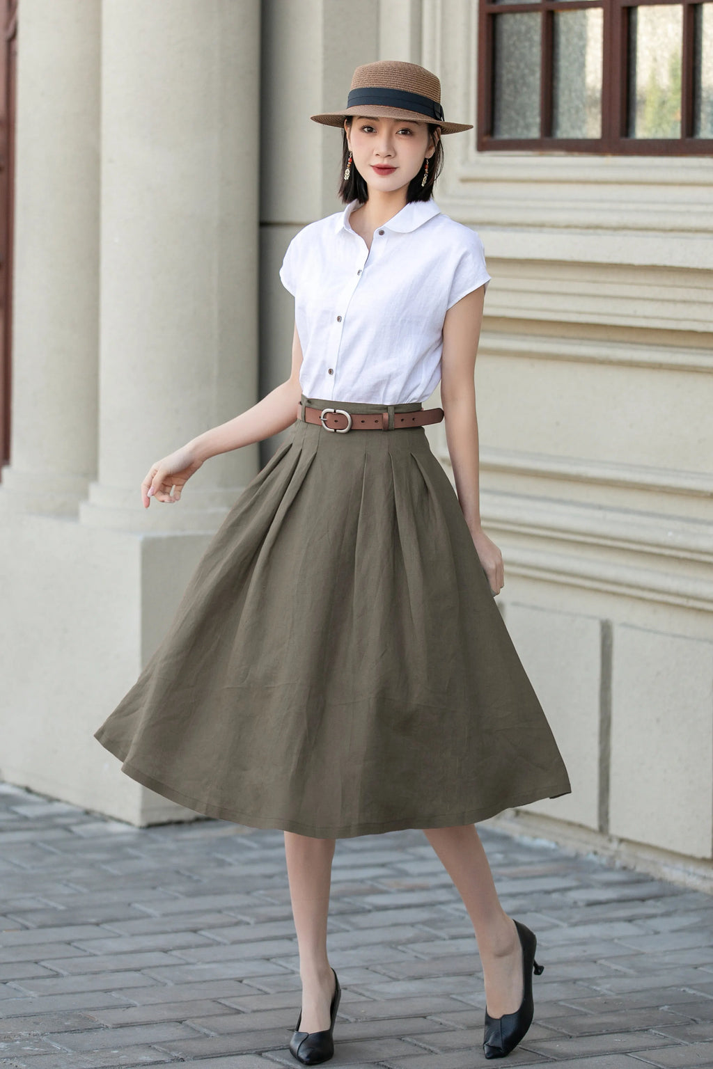 Olive Green Linen Blend Pleated Midi Skirt - A-Line with Pockets 5556
