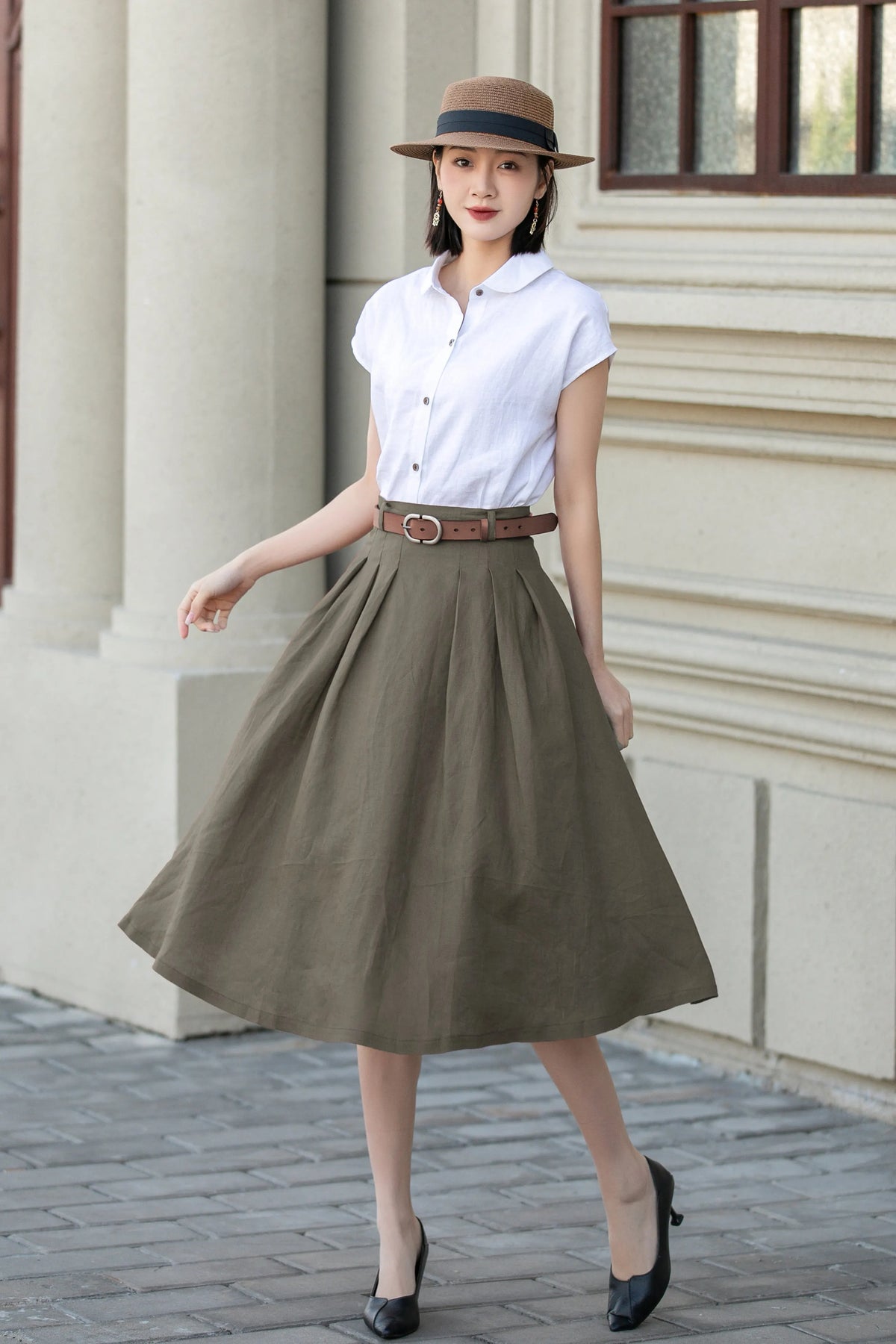 Olive Green Linen Blend Pleated Midi Skirt - A-Line with Pockets 5556