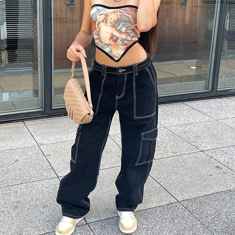 KittenAlarm - Y2k Cargo Pants Women's Jeans New Fashion Baggy Jeans Denim Overalls 90s Low Rise Pocket Straight Leg Trou