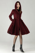 Hooded Burgundy Wool Coat – Vintage Fit & Flare Short Winter Coat 
