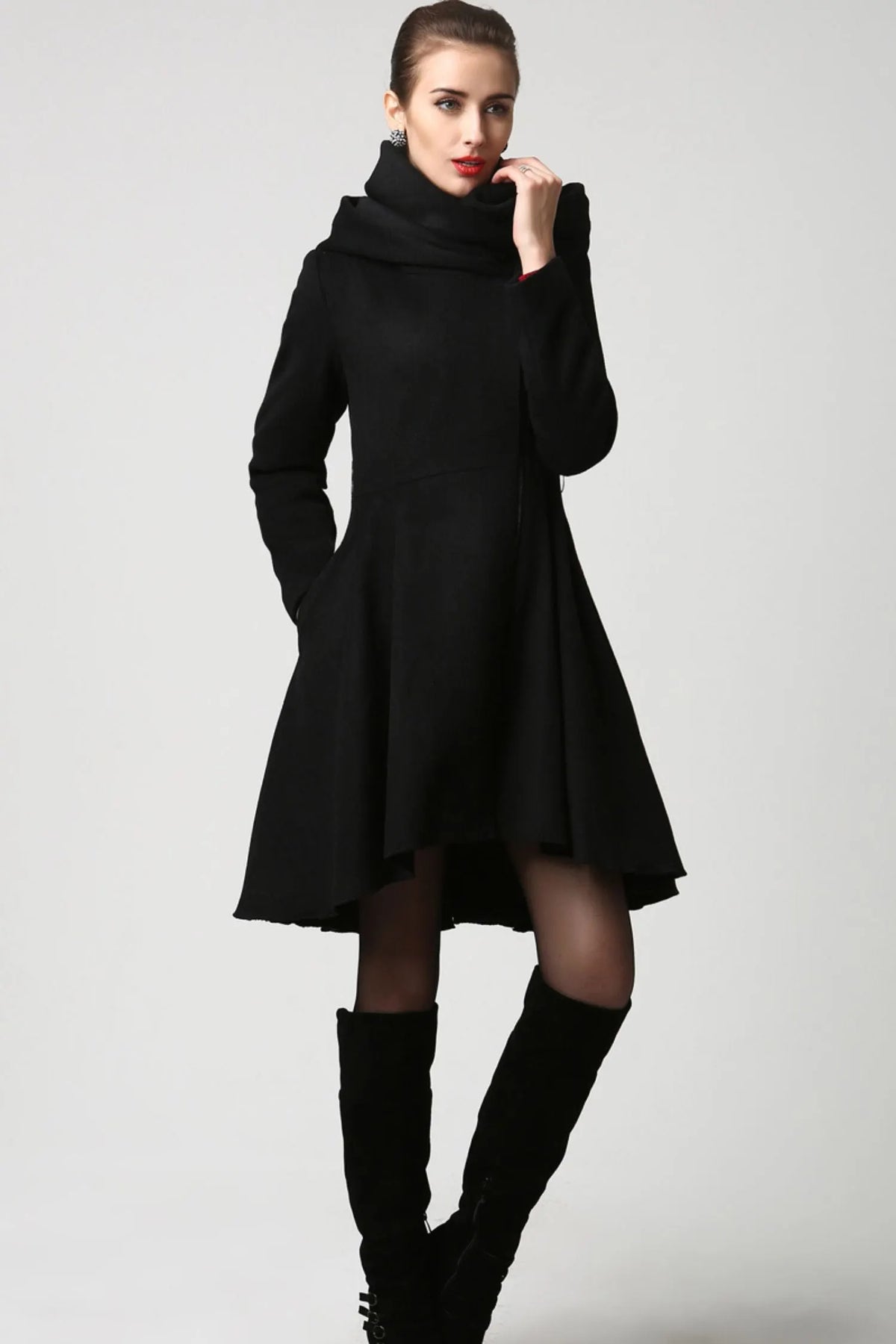 Vintage Black Wool Coat – Asymmetrical Hooded Overcoat for Autumn Winter 1121