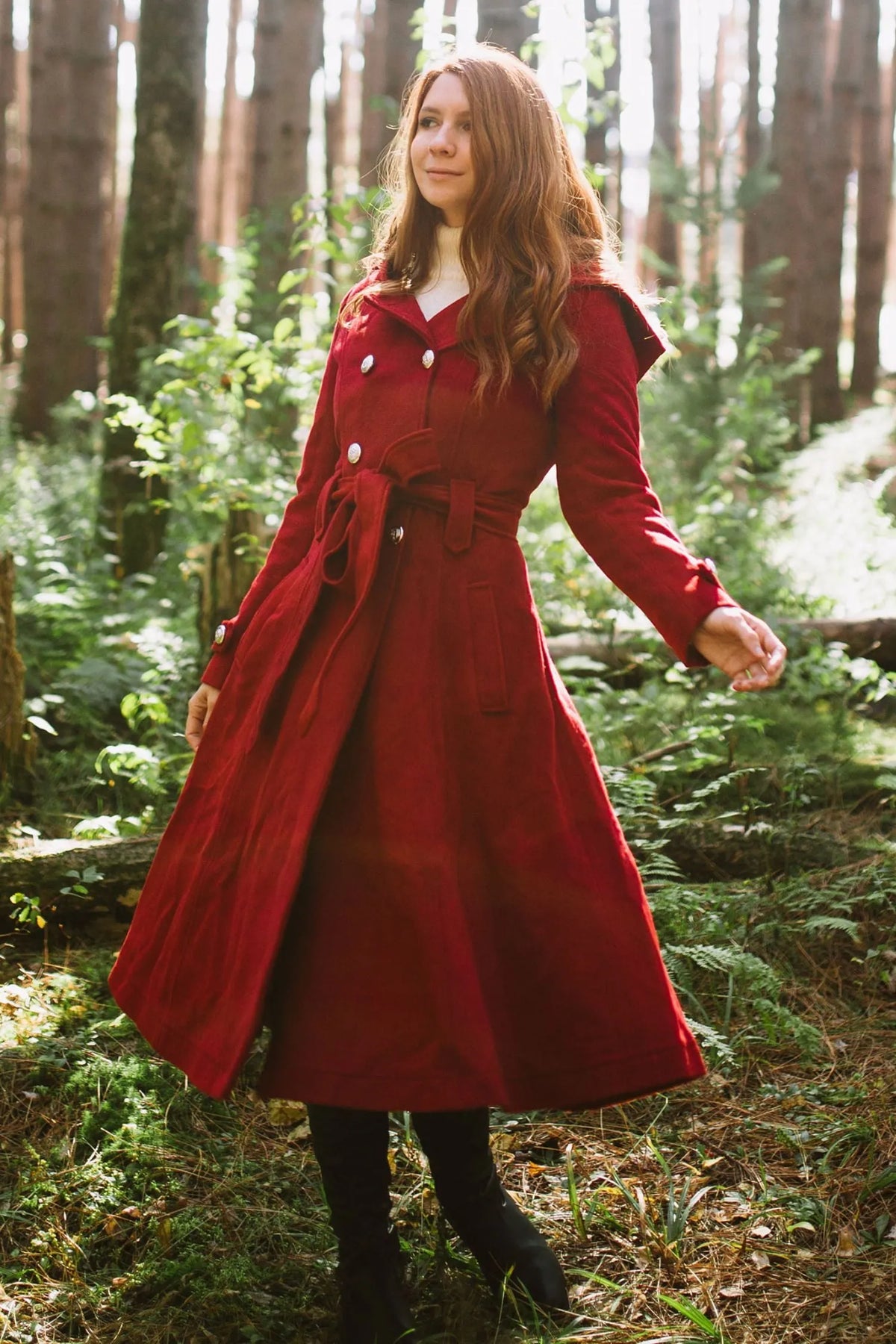 Burgundy Wool Coat Maxi - Hooded, Double Breasted, Self Tie Waist 3218