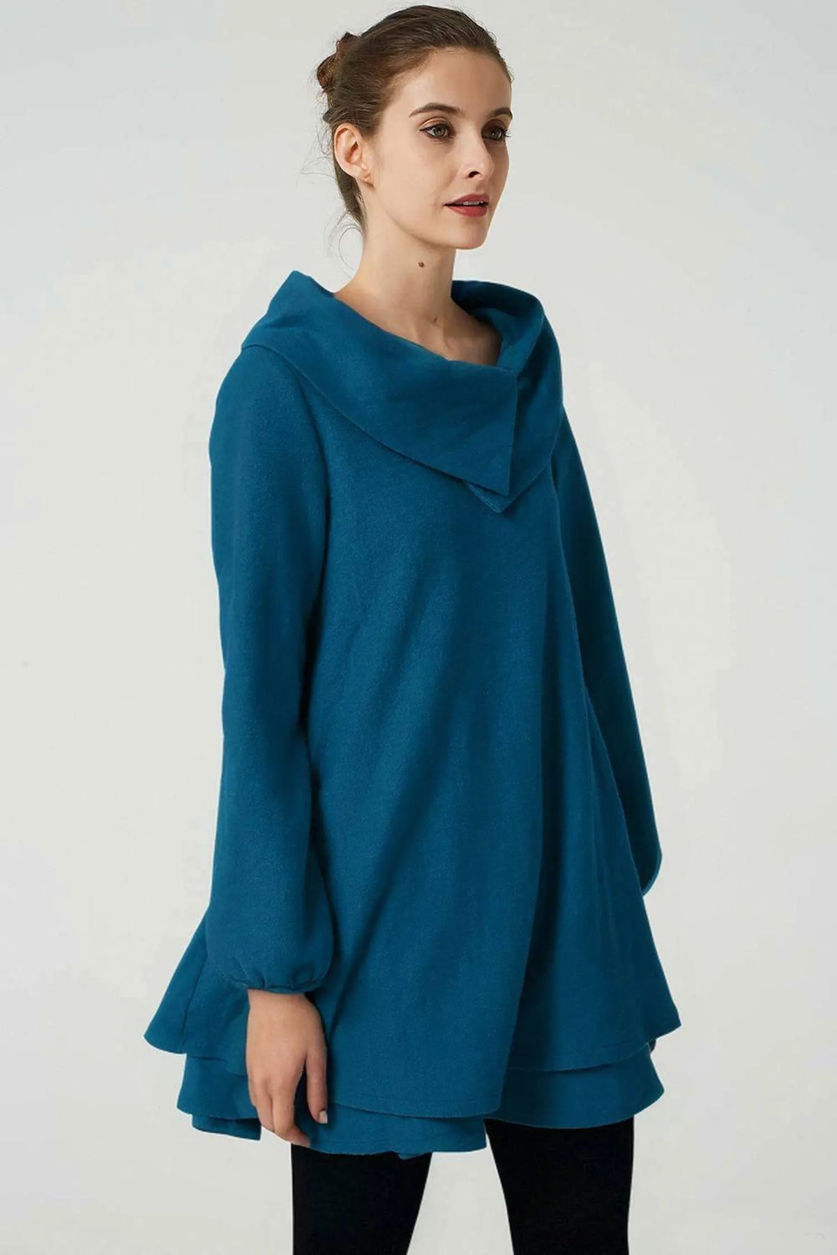 Teal Wool Tunic Dress - Oversized Fit with Asymmetrical Collar 5208