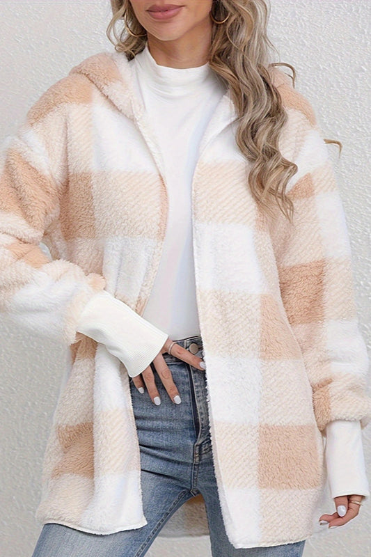 Plaid Fuzzy Hooded Mid-Length Coat