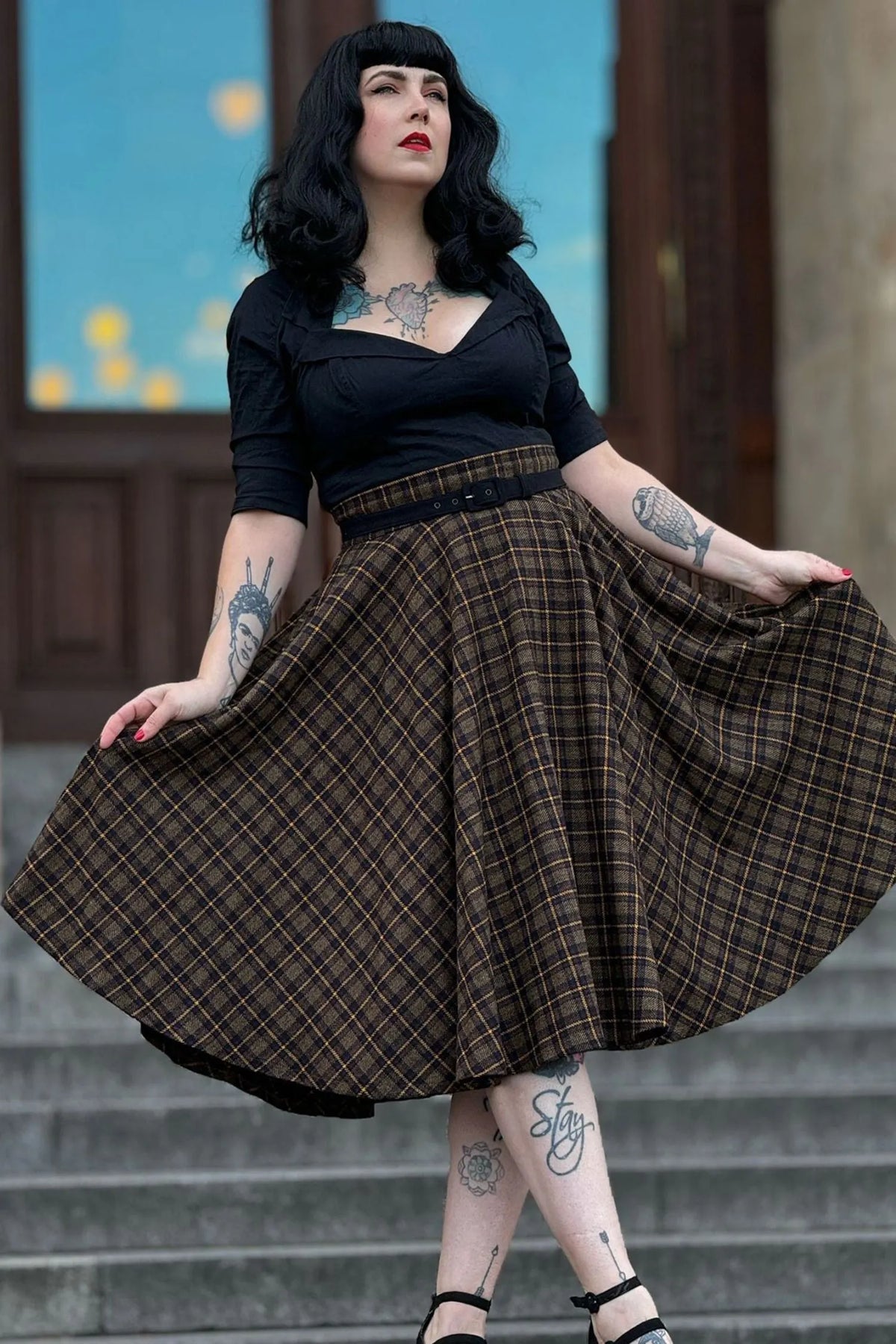 Plaid Wool Midi Skirt - Pleated Circle, High Waist 4727