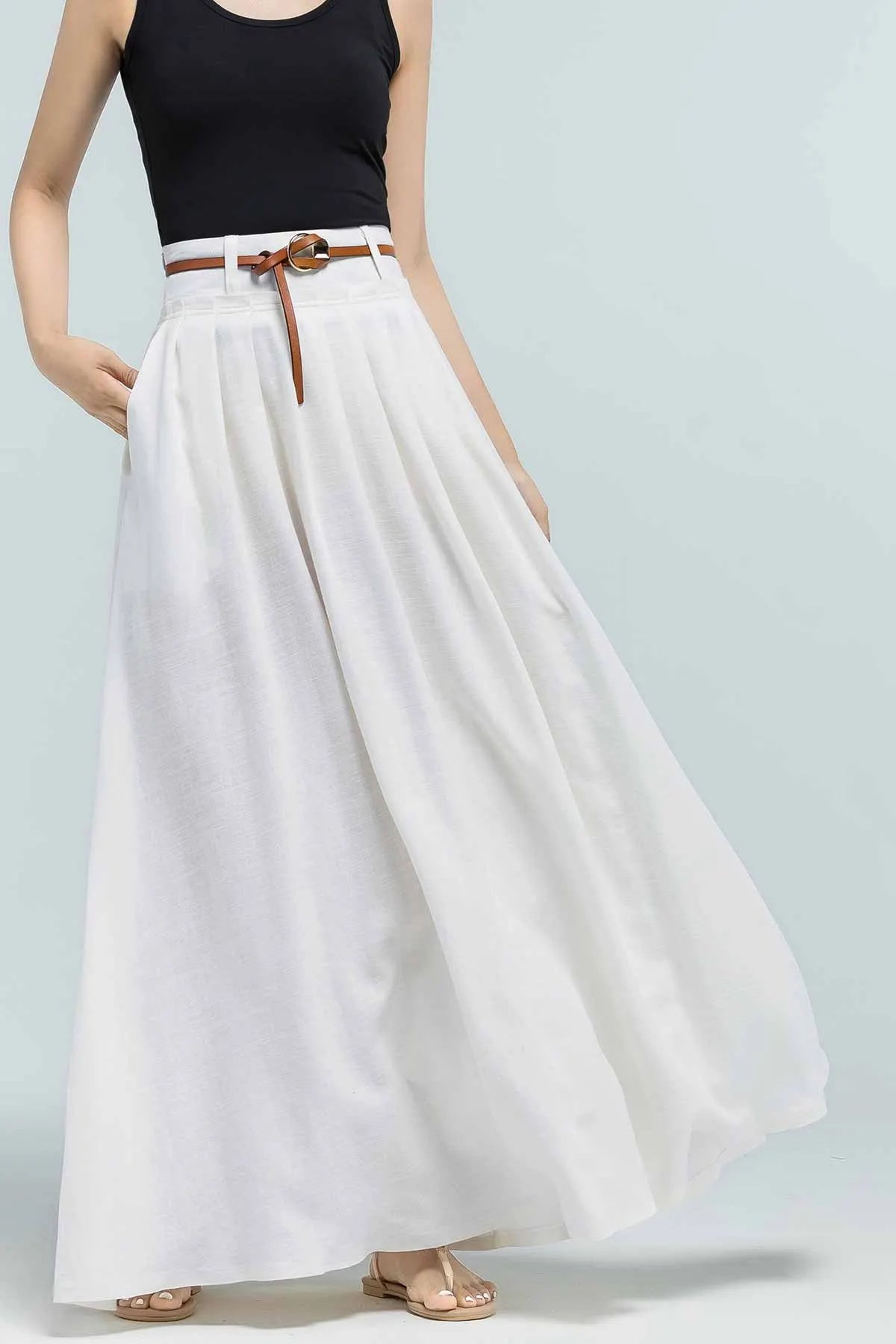 Handmade Navy Blue Linen Maxi Skirt – High Waist with Pockets 1046