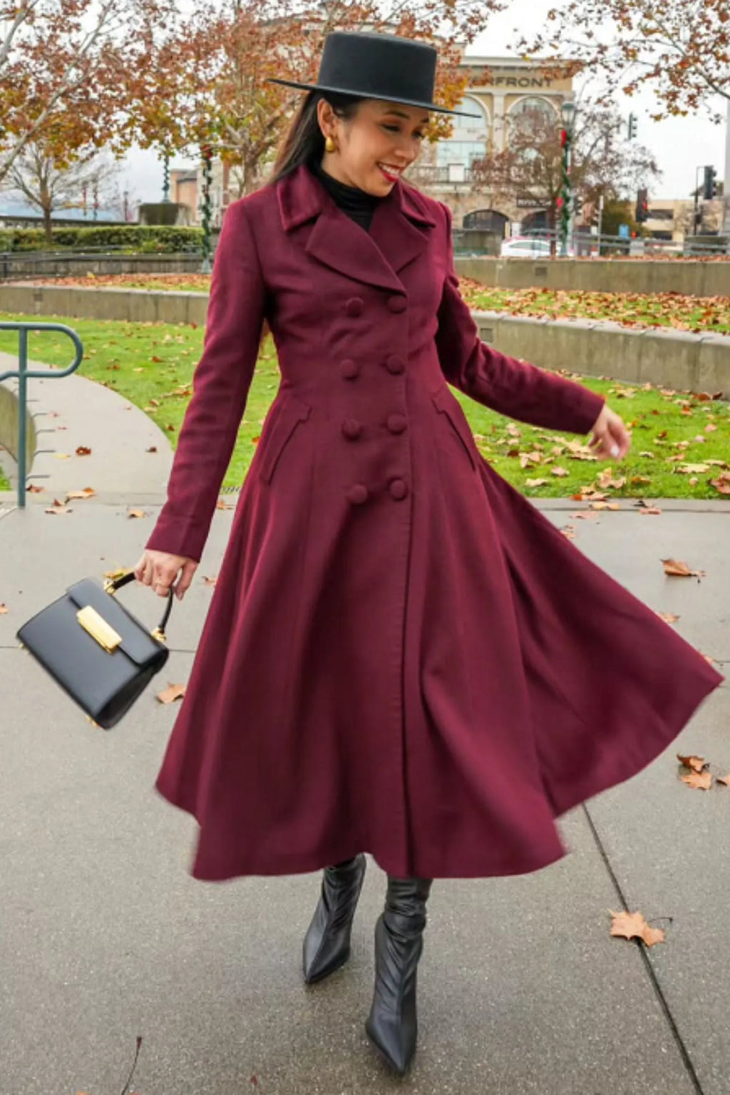 Burgundy Wool Swing Coat – Vintage 1950s Double Breasted Long Overcoat 6678