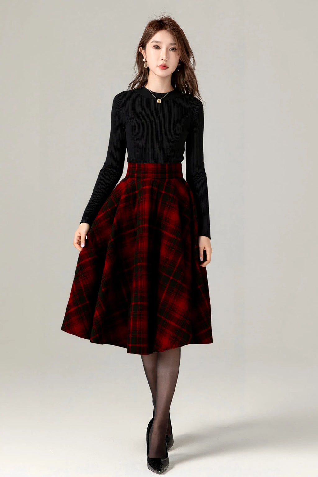 Vintage Plaid Wool Skirt – Handmade Winter Circle Skirt with Pockets 