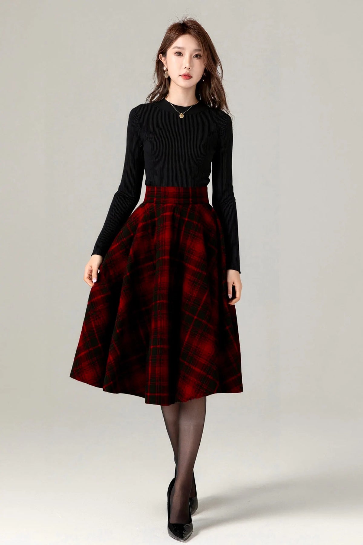 Vintage Plaid Wool Skirt – Handmade Winter Circle Skirt with Pockets 