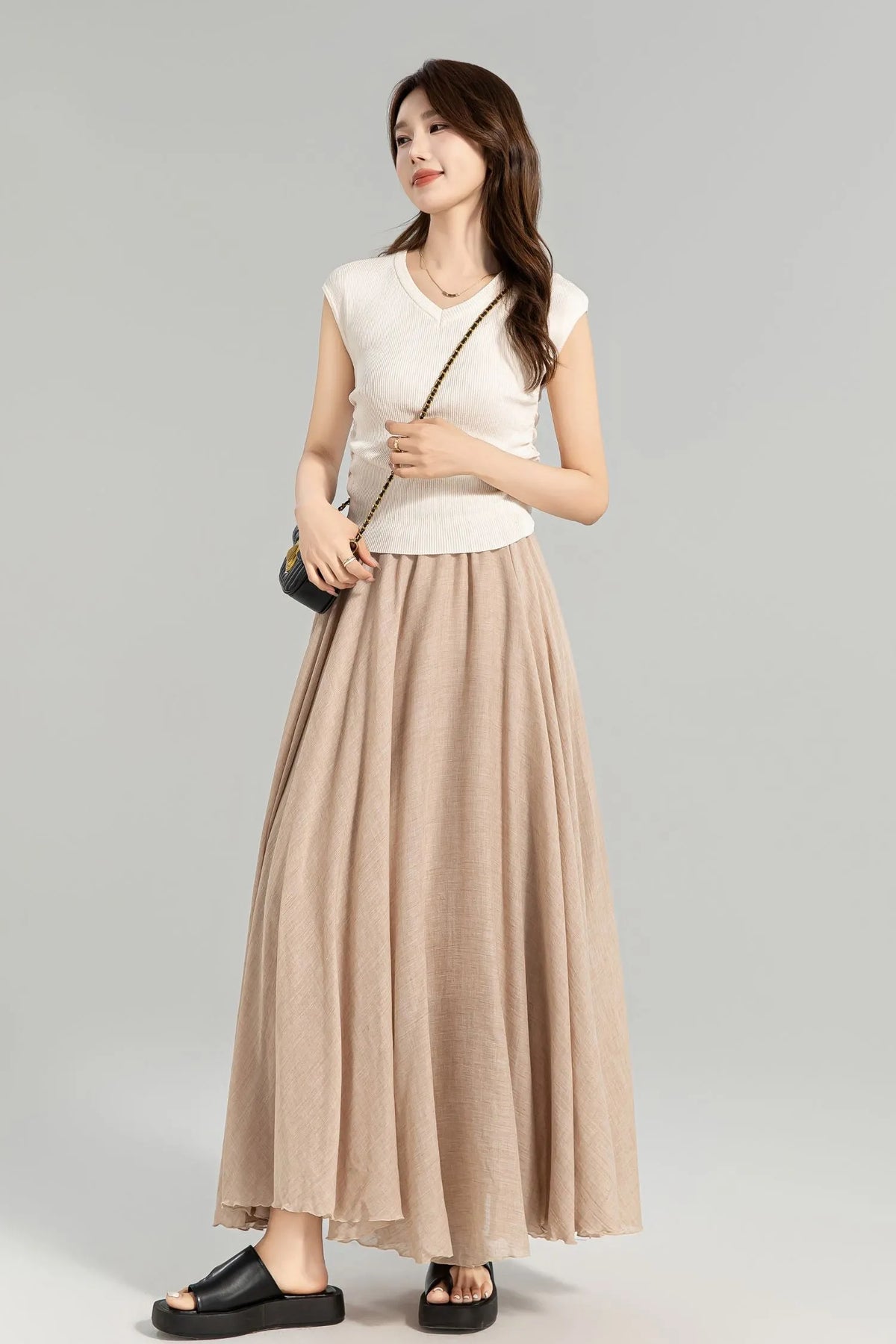 Beige Linen Maxi Skirt - Flowy Circle Silhouette with Elastic Waistband 4959