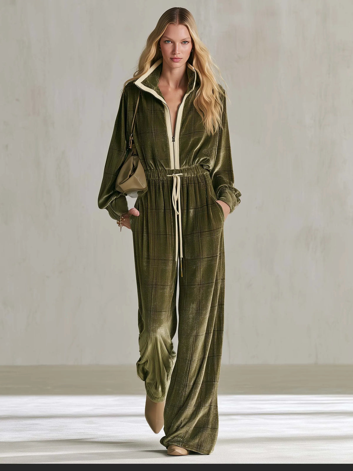 Retro-Casual Olive Green Plaid Velour Wide-Leg Jumpsuit