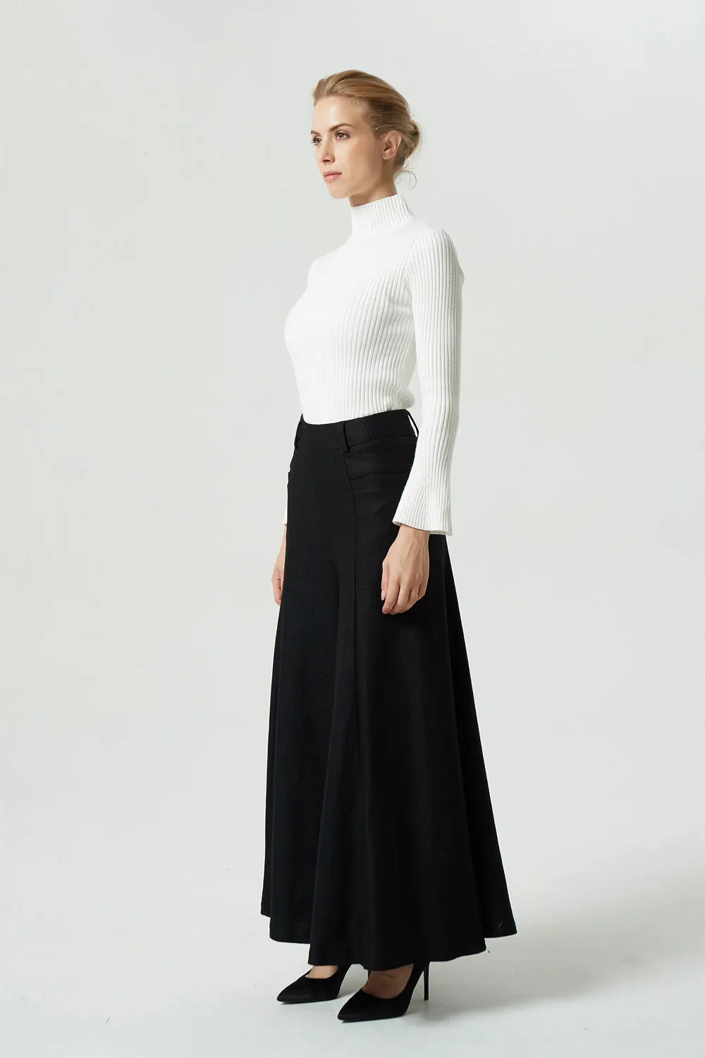 Black Wool Wide Leg Palazzo Pants - High Waist Pleated Maxi Pants 1998