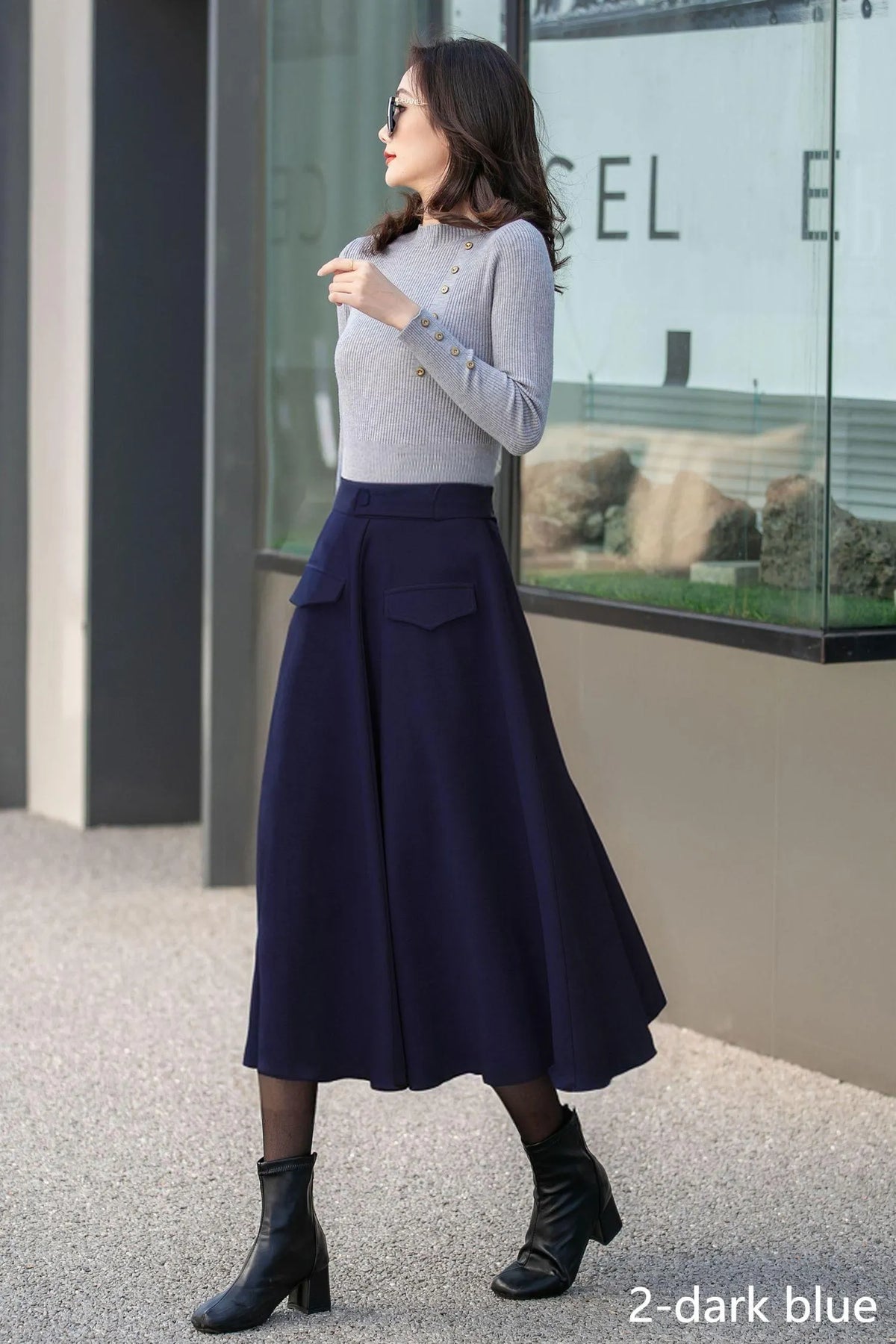 Beige Wool Midi Skirt - High Waisted A-Line with Decorative Pockets 4134