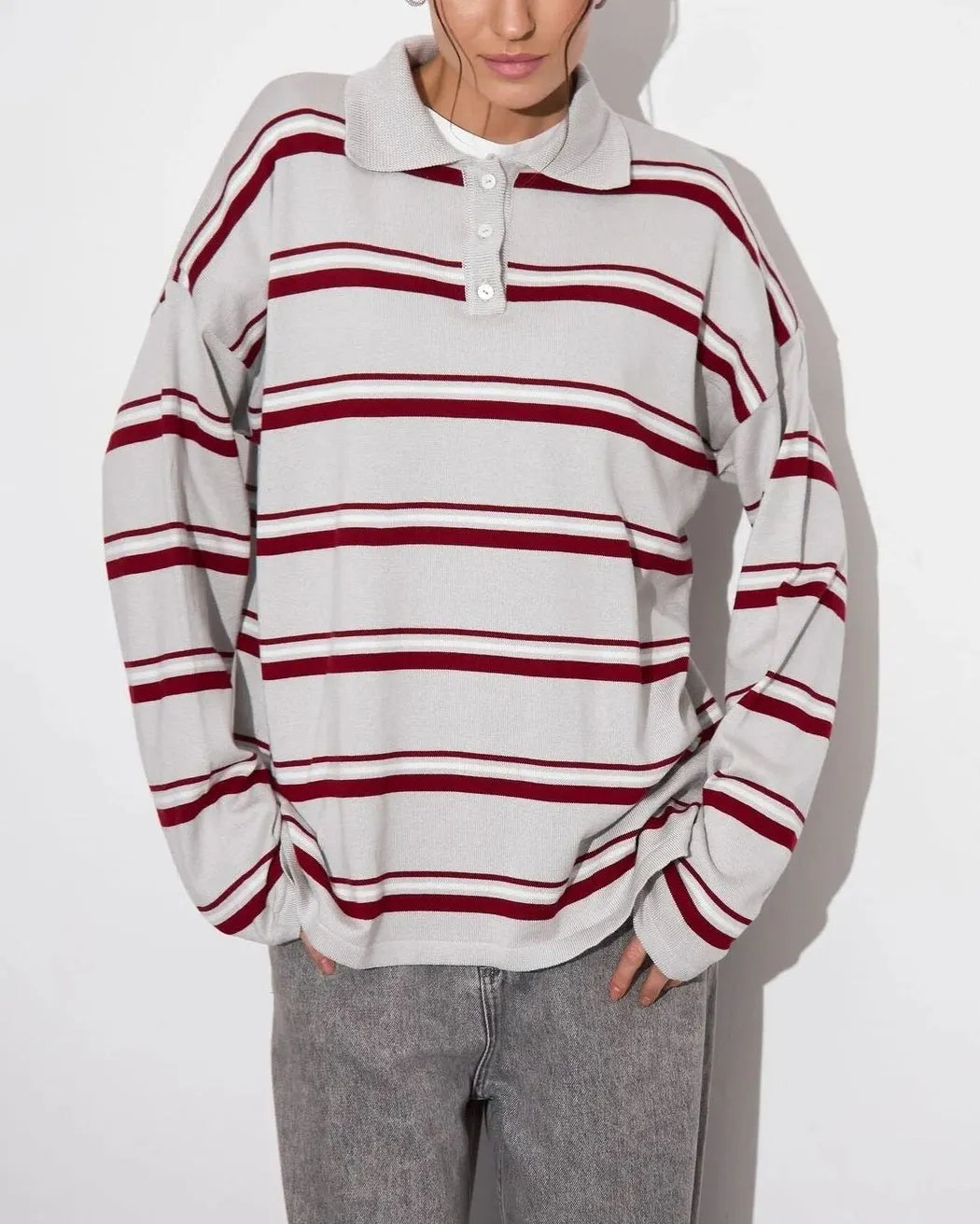 Relaxed Collared Striped Long Sleeve Blouse