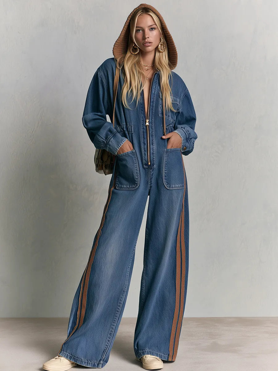 Side Stripes Hooded Wide Leg Denim Jumpsuit