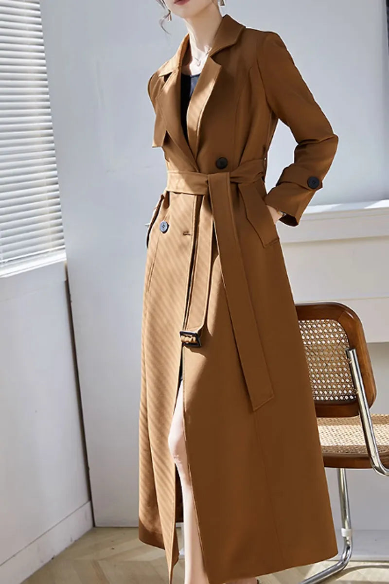 Camel Polyester Maxi Trench Coat - Tie Belt Waist, Lapel Collar 4600