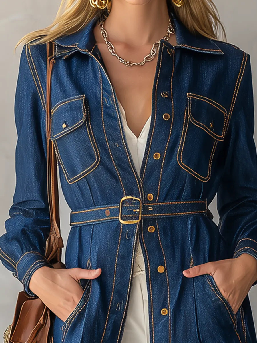 Belted Indigo Contrast Stitching Denim Duster Coat