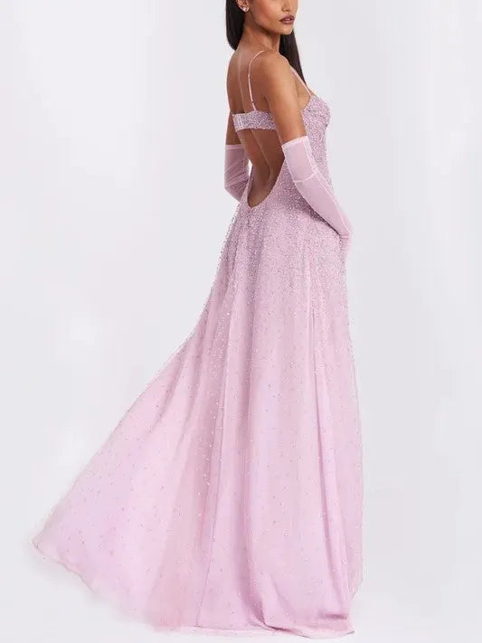 Pink Sequin Tulle Maxi Dress