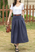 Dark Blue Linen Cotton Midi Skirt - A-Line with Pockets 4943