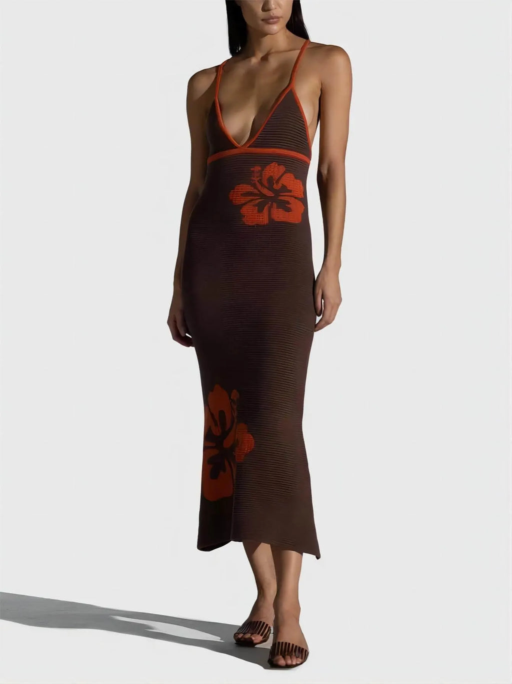 Knitted Suspender Halterneck V-Neck Graceful Backless Sexy Midi Dress
