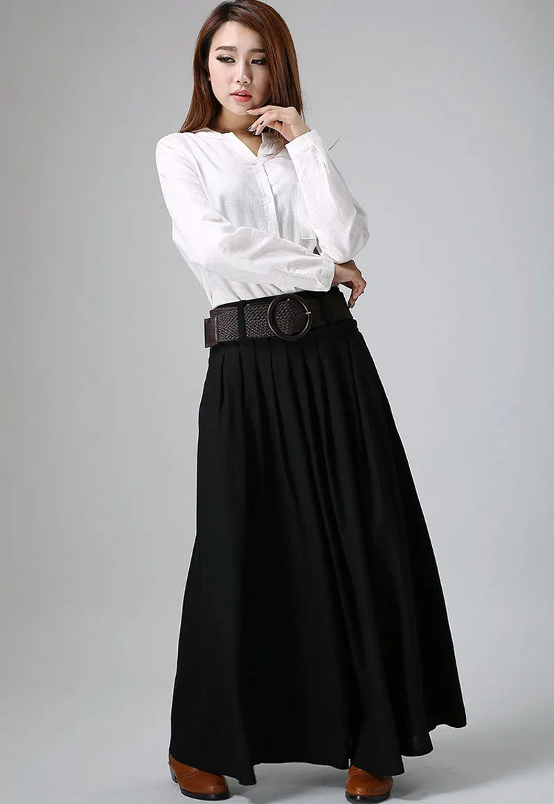Handmade Black Maxi Skirt – Pleated A-Line Skirt with Pockets 