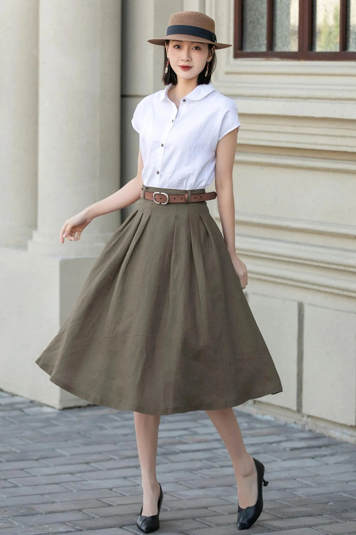Olive Green Linen Blend Pleated Midi Skirt - A-Line with Pockets 5556