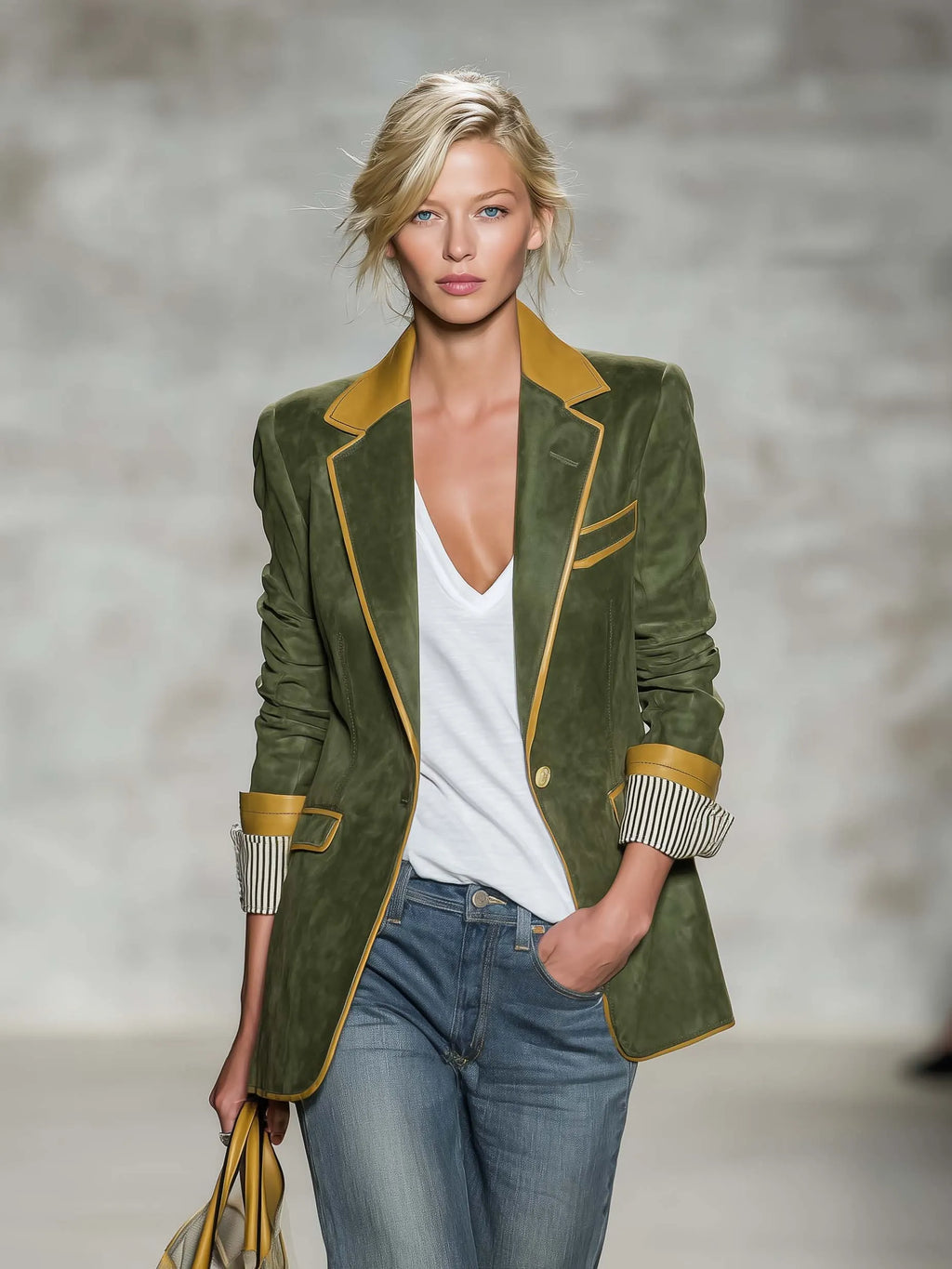 Vintage Equestrian Olive Green Suede Blazer With Contrast Trim And Striped Cuffs