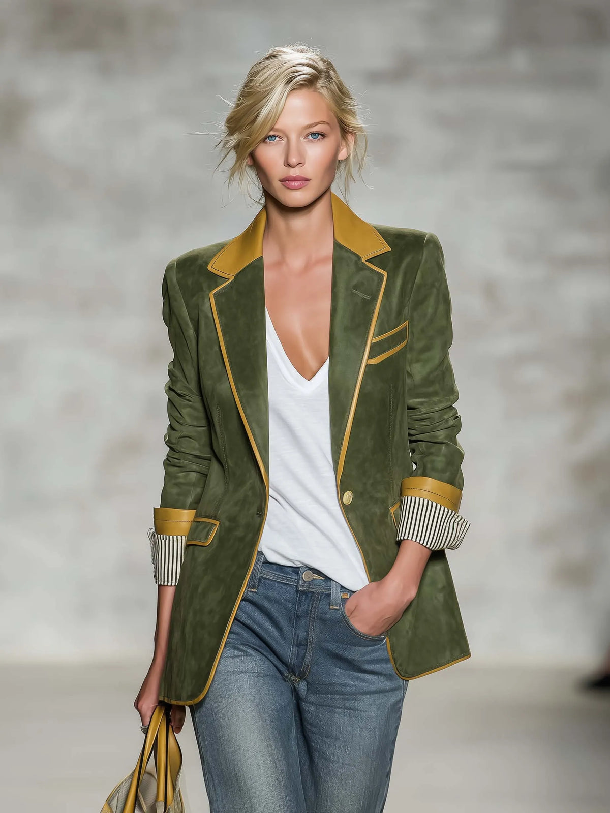 Vintage Equestrian Olive Green Suede Blazer With Contrast Trim And Striped Cuffs