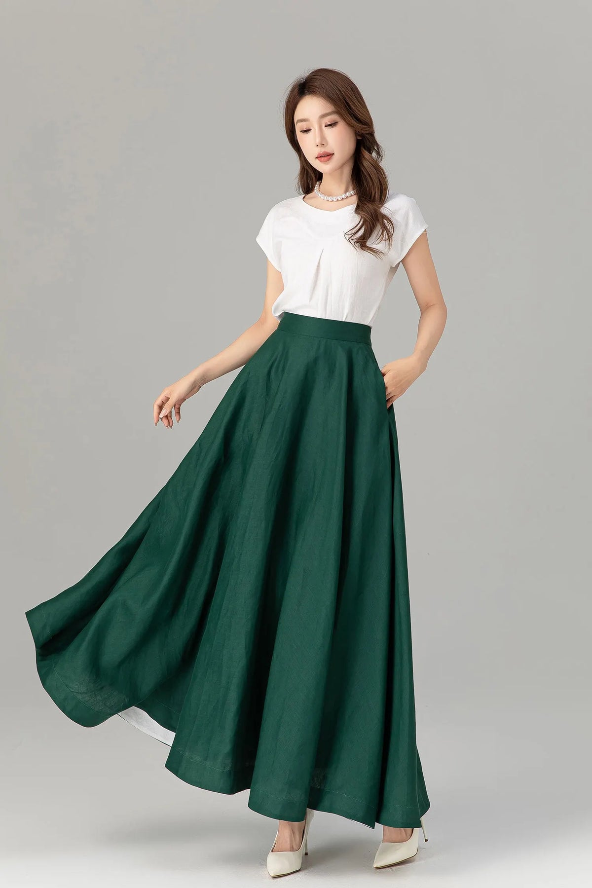 Green Linen Maxi Skirt - A-Line Flowy Silhouette with Pockets 4929
